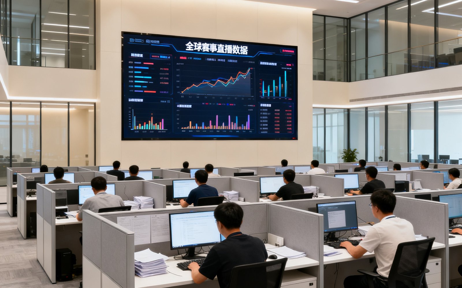 极速直播成都总部办公环境，开放式工位区域，大屏幕上实时显示全球赛事直播数据，员工正在专注工作