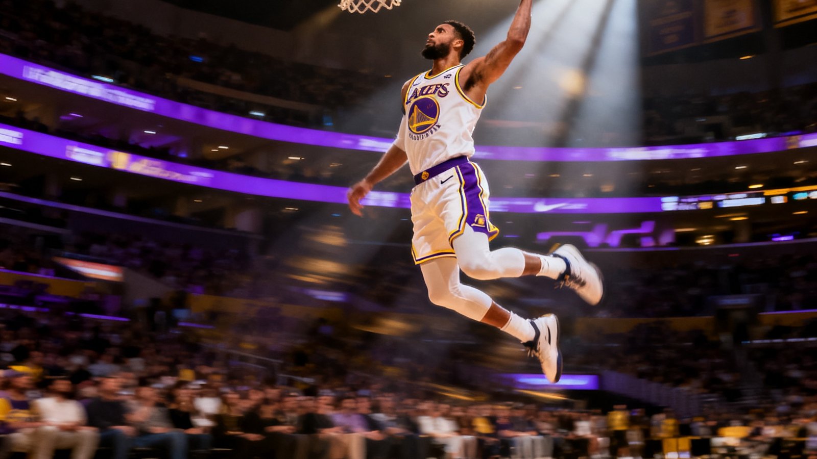 NBA湖人队对阵勇士队精彩集锦封面，球员飞身扣篮的震撼瞬间，球馆灯光效果绚丽