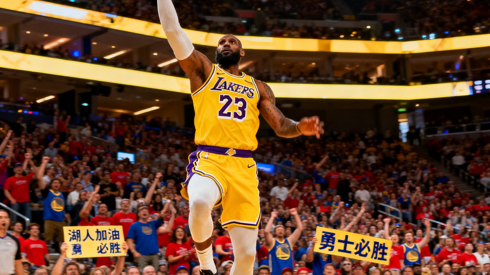 NBA常规赛洛杉矶湖人队对阵金州勇士队的比赛直播，球员正在投篮，球馆内灯光璀璨观众欢呼